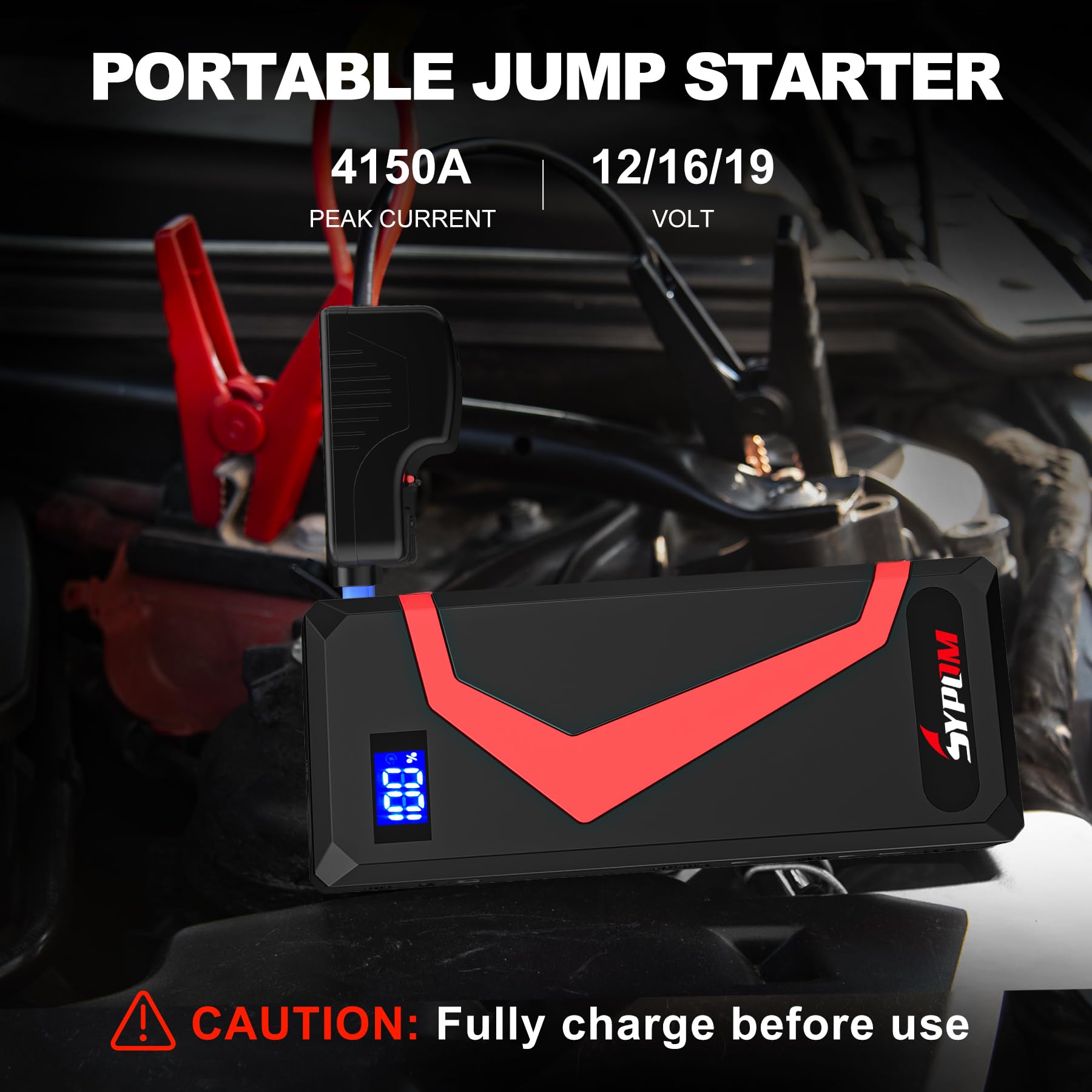 Sypom 4150A Peak Jump Starter Battery Pack - 12V Jump Box For All Gas/Up To 12L Diesel - Dual Usb Power Bank, Emergency Light (Red)